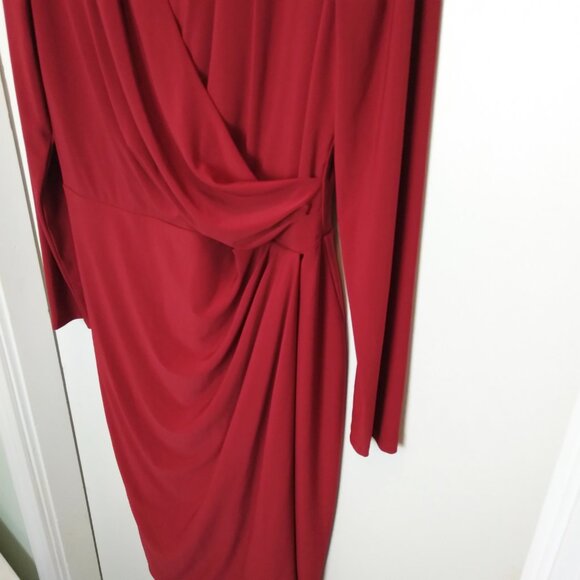 Ralph Lauren Red Surplice Neckline Draped Ruched Long Sleeved Stretch Dress Sz12 - Picture 4 of 14
